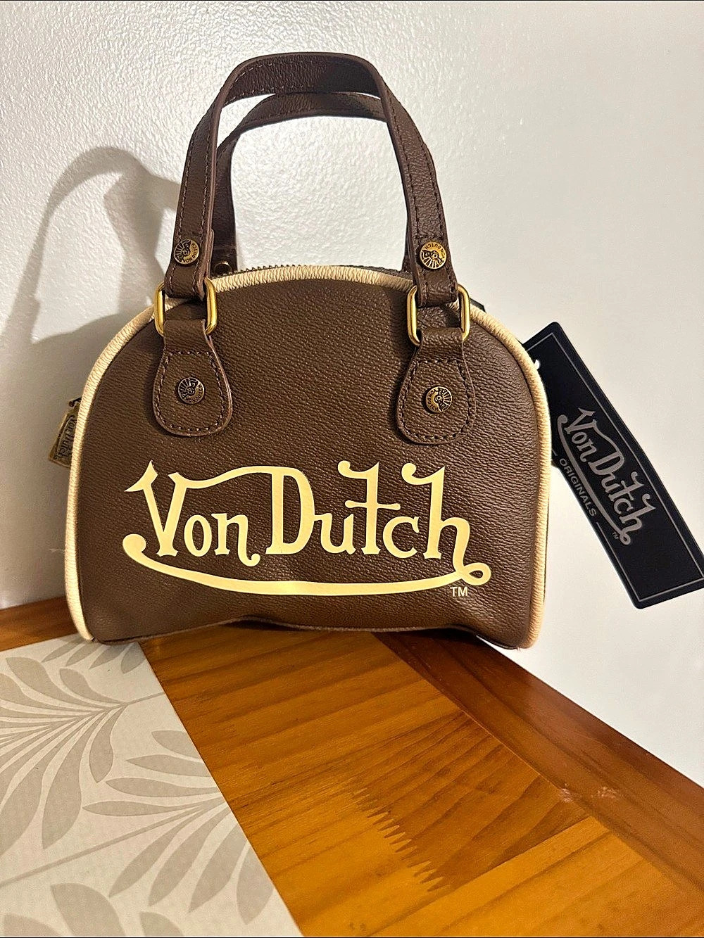 Von Dutch Chopper Cross Bowling Bag Mini Satchel Brown & Gold NWT